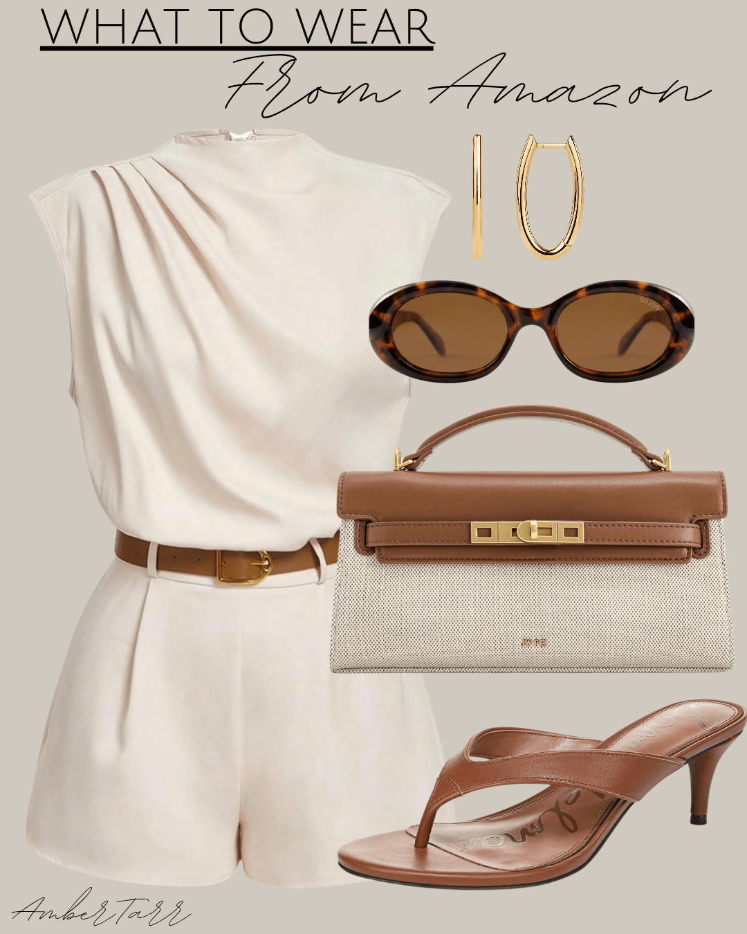 chic Amazon outfit with an ivory draped top, cream shorts, brown belt, structured handbag and heeled sandals