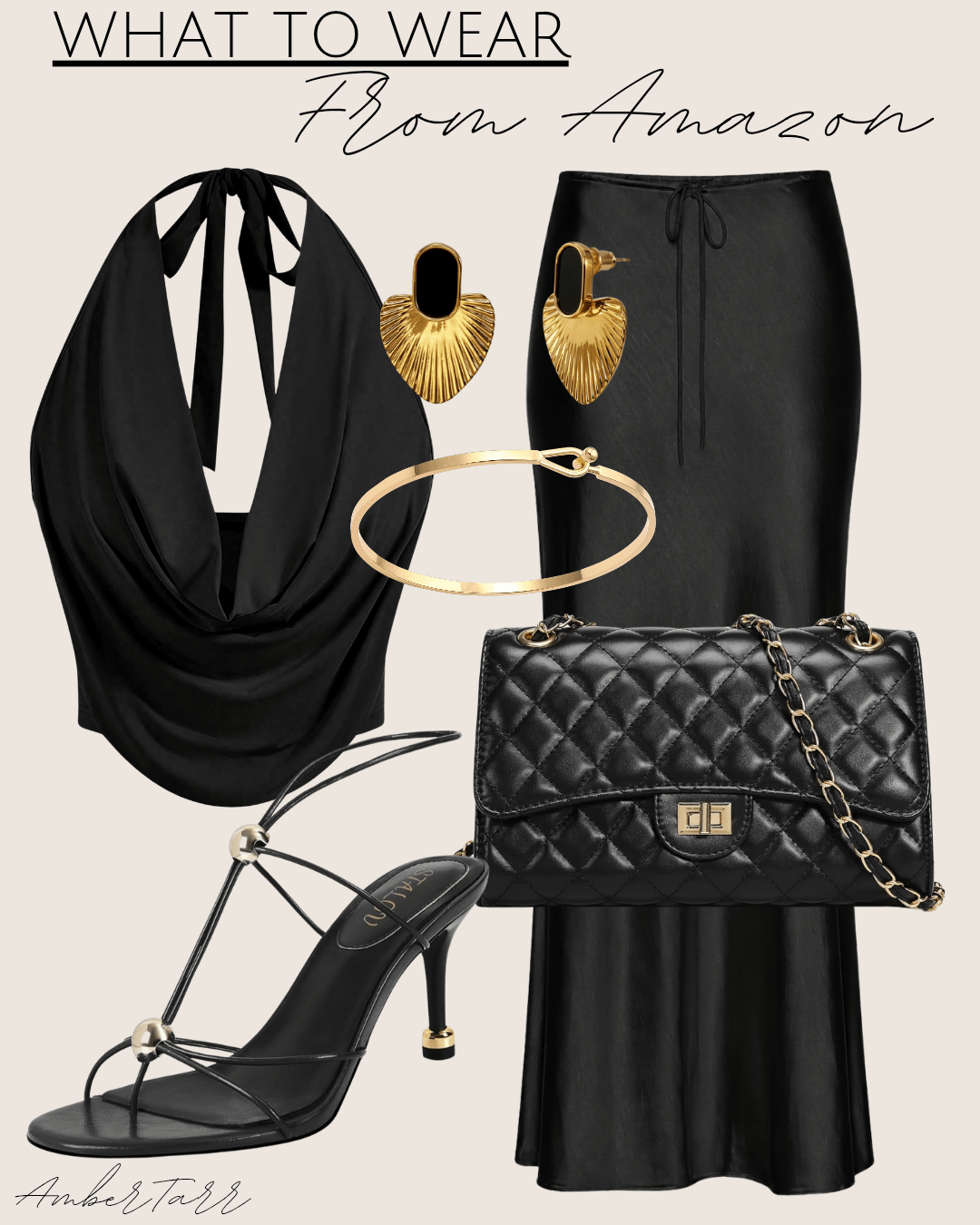 Black Amazon date-night outfit with a draped halter top, satin maxi skirt, quilted bag and strappy heels