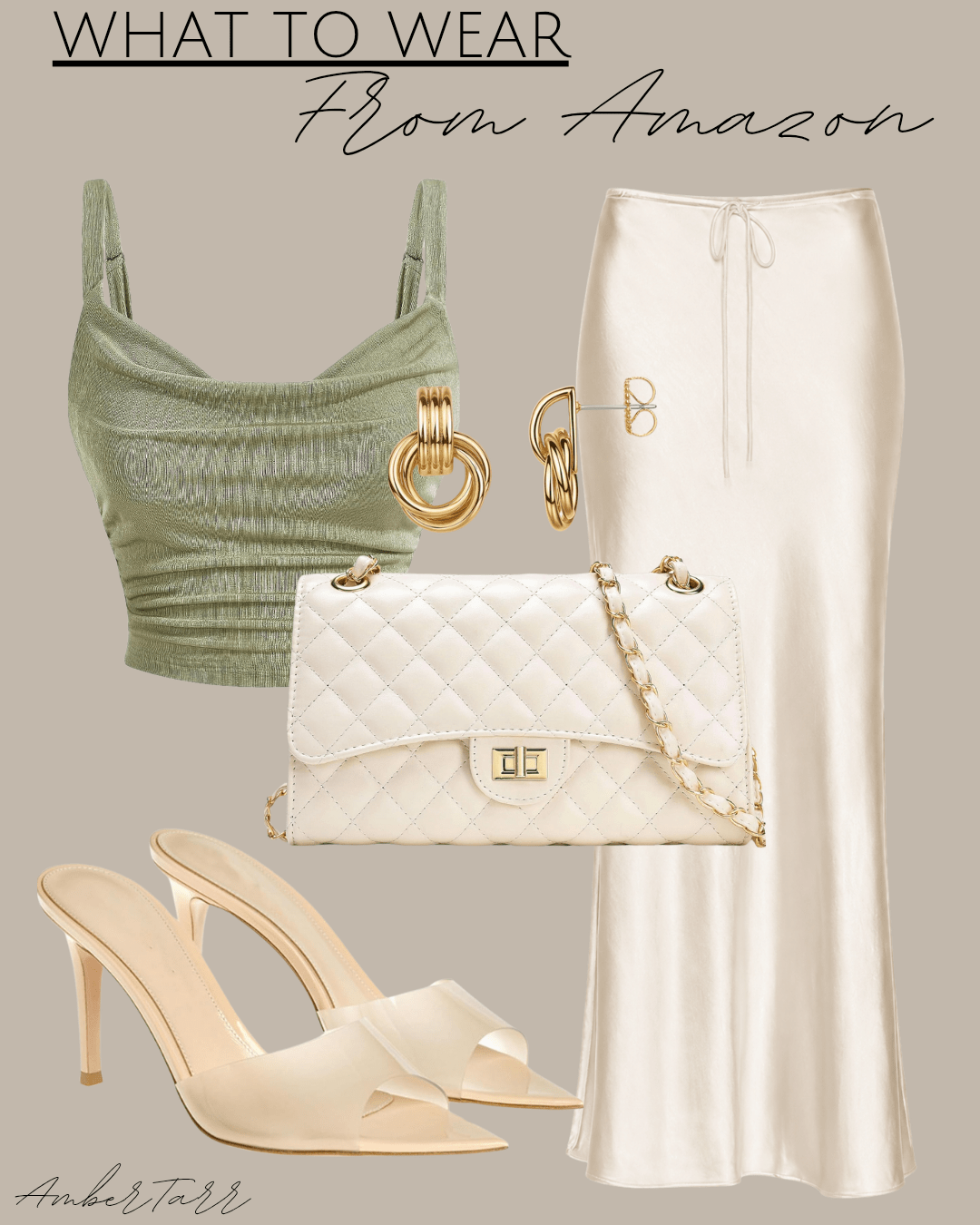 Elevated Amazon outfit with a sage green ruched top, ivory satin maxi skirt, quilted bag and cream heels