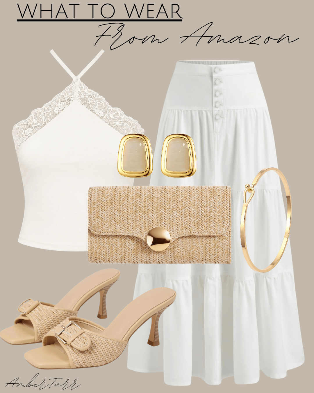 Neutral Amazon outfit with an ivory lace-trim top, white tiered maxi skirt, woven clutch and raffia heels
