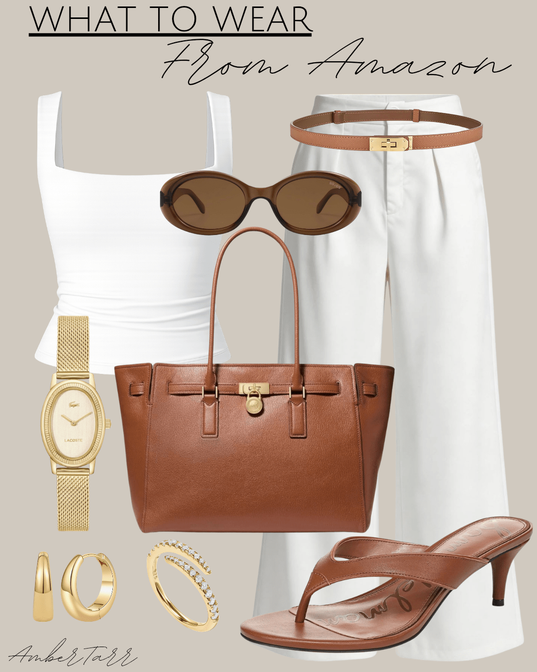 Classy Amazon outfit with a white square-neck top, white wide-leg trousers, cognac tote and brown heels