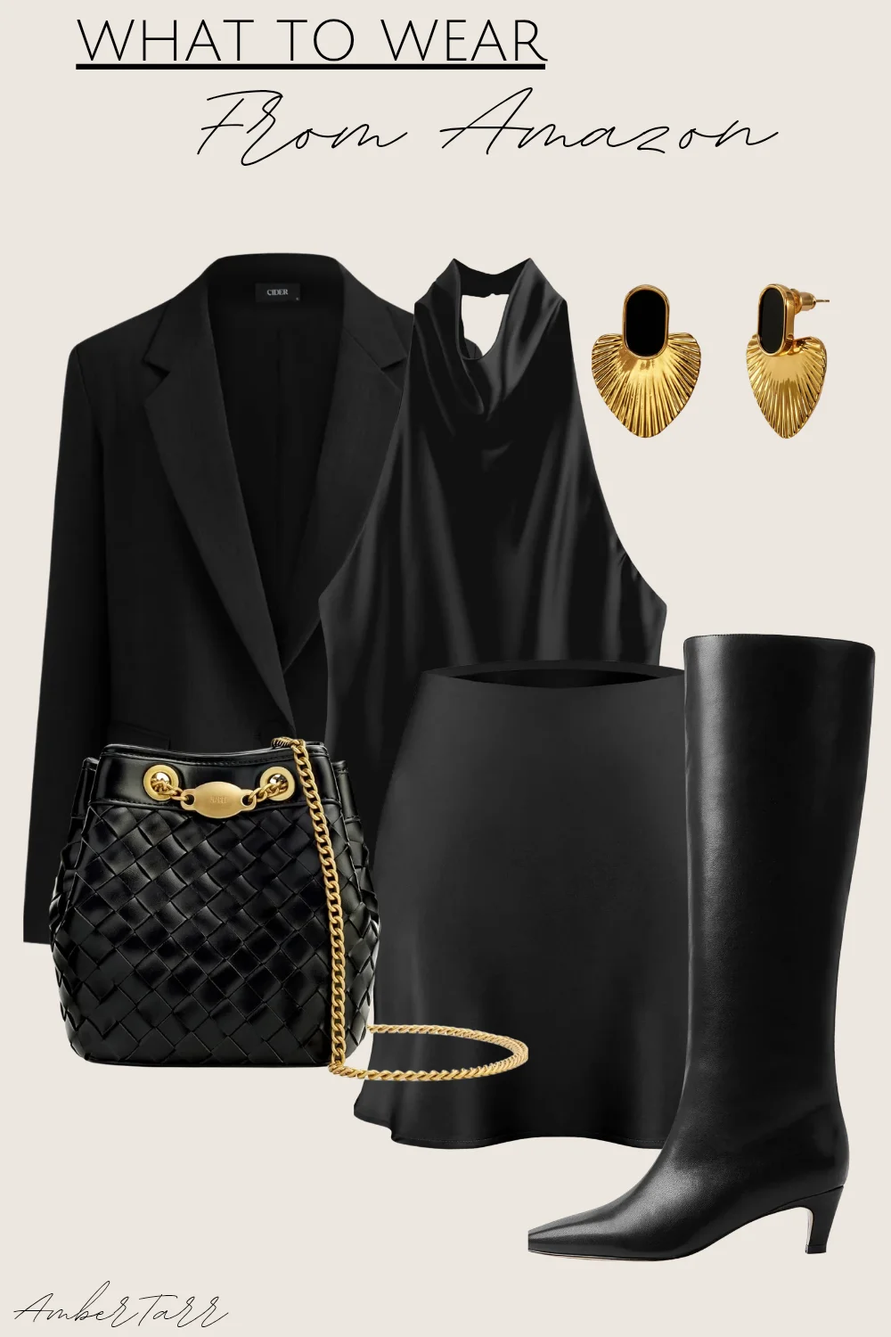All-black satin skirt outfit with a tailored black blazer, satin halter top, black satin mini skirt, knee-high boots and woven black bag