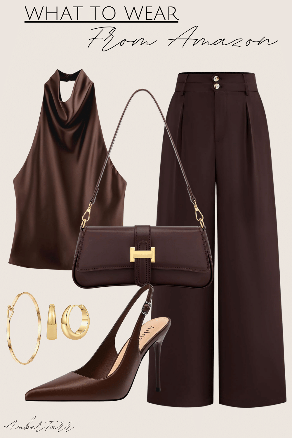 Fall date night outfits from Amazon: chocolate satin halter top, brown wide-leg trousers, brown baguette bag and pointed slingback heels