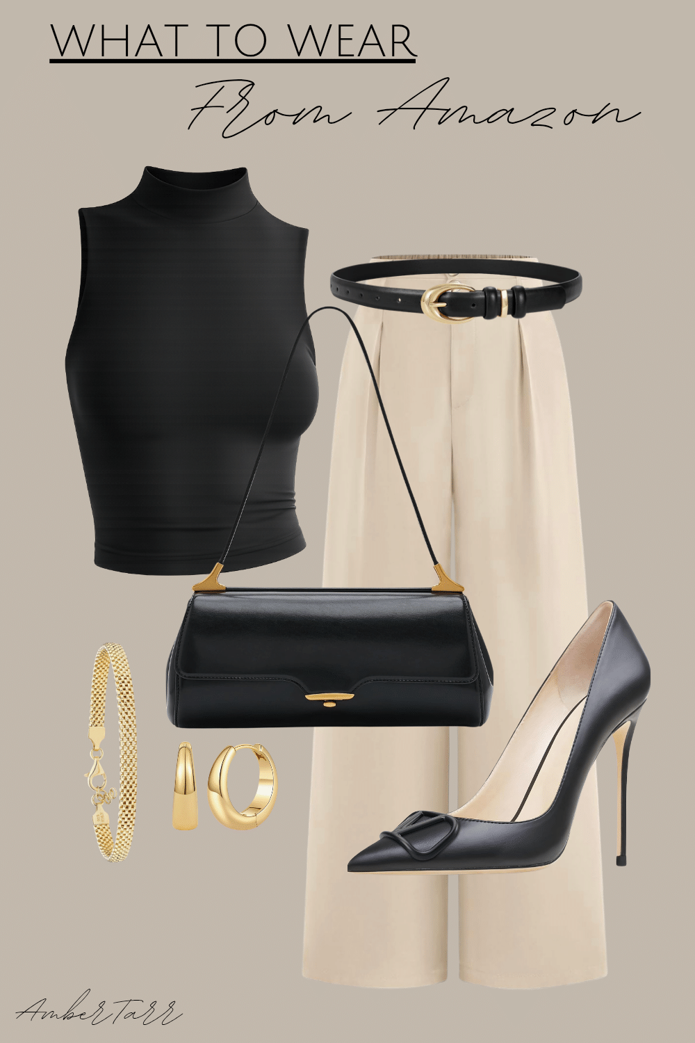 Elevated Amazon date night outfit with a black sleeveless mock-neck top, cream wide-leg trousers, gold buckle belt, black heels and black shoulder bag