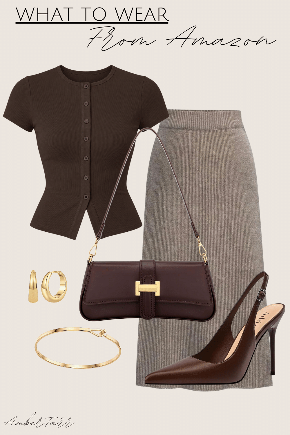 Fall date night outfit with a chocolate ribbed button-front top, taupe midi pencil skirt, brown slingback heels and structured brown bag