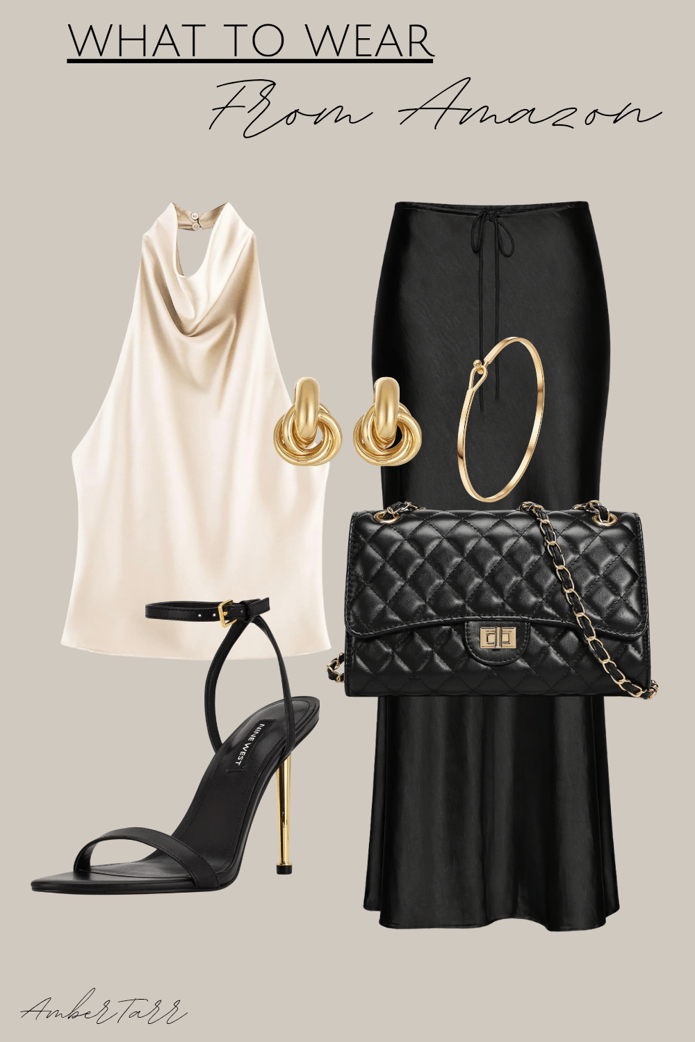 Satin date night outfit from Amazon with a champagne satin halter top, black satin maxi skirt, strappy black heels and quilted bag