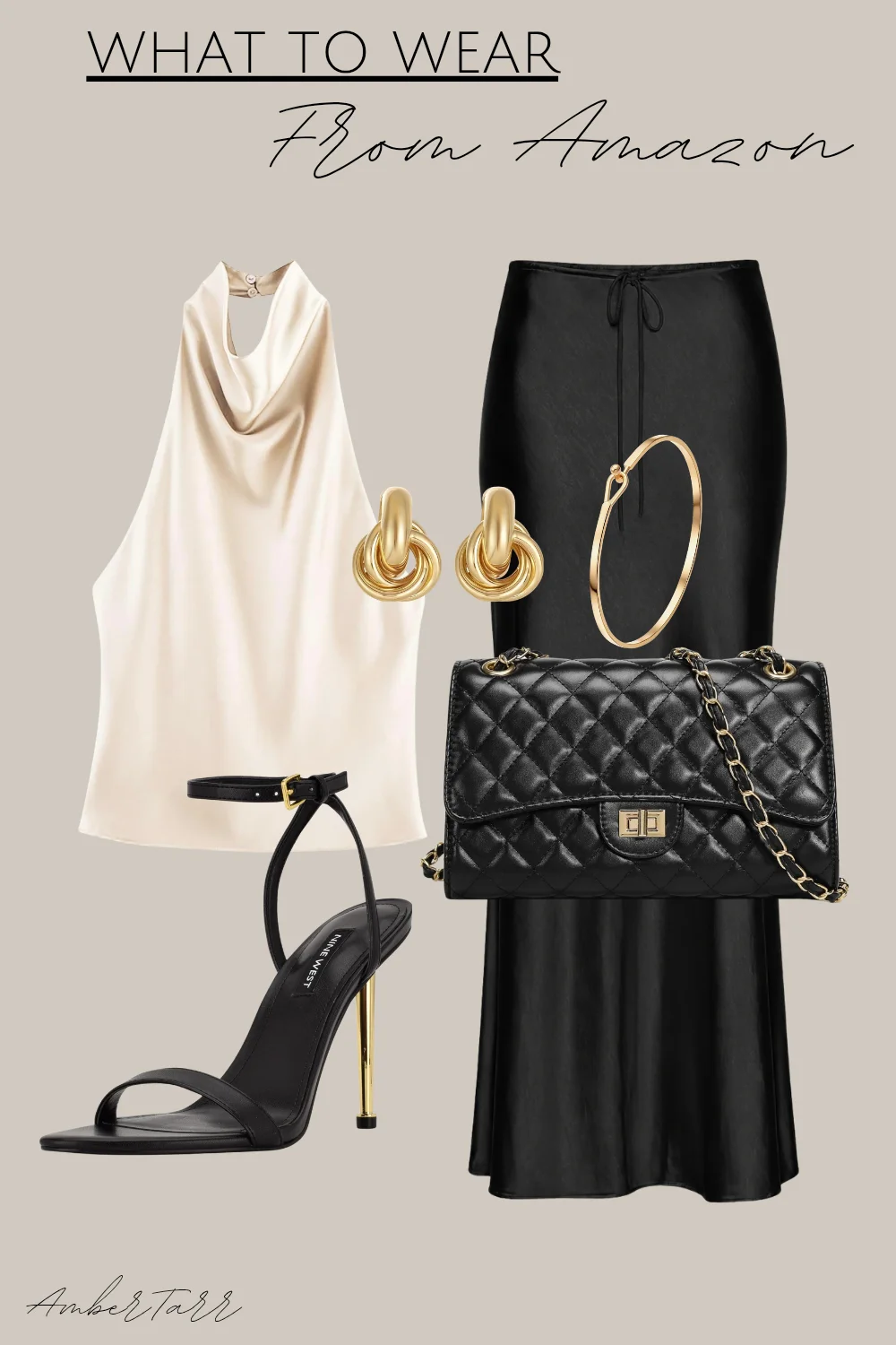 Satin date night outfit from Amazon with a champagne satin halter top, black satin maxi skirt, strappy black heels and quilted bag