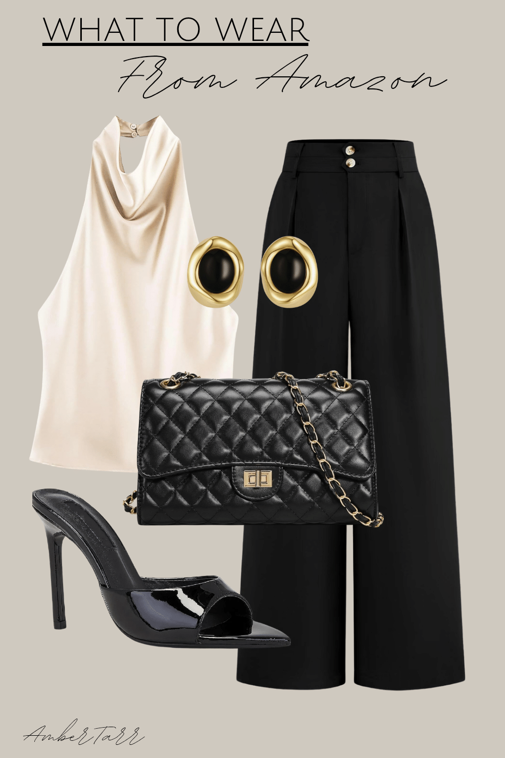 Fall date night outfits with a cream satin cowl halter top, black wide-leg trousers, black patent mules and quilted chain bag