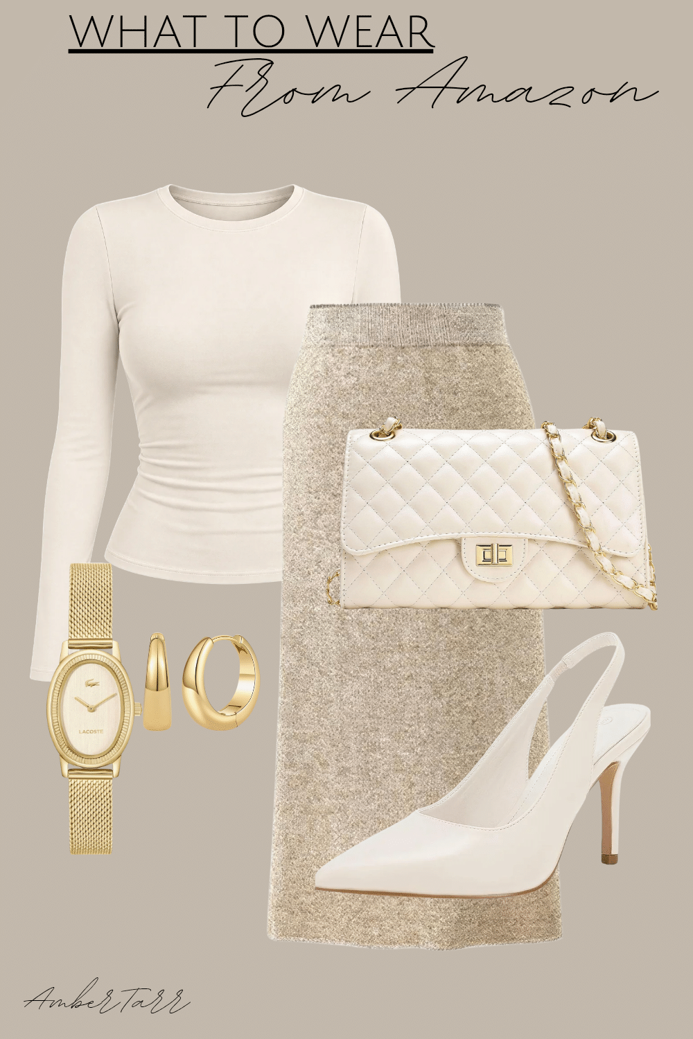 Neutral date night outfit from Amazon with a fitted cream long-sleeve top, textured oatmeal pencil skirt, white quilted bag and white slingback heels