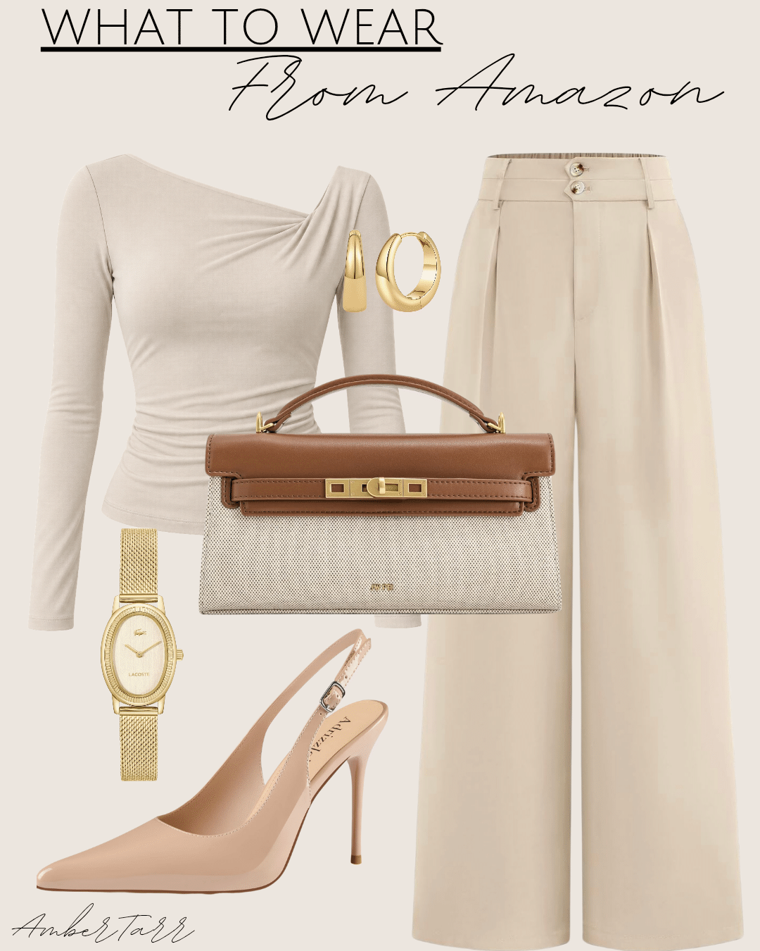 Fall work outfits in soft neutrals: beige asymmetric long-sleeve top, cream pleated trousers, camel and cream top-handle bag and nude slingbacks