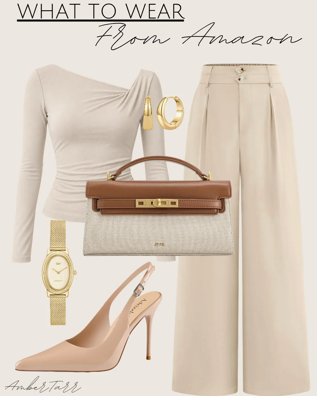 Soft beige neutral outfit with an asymmetric long-sleeve top, cream pleated trousers, canvas and brown top-handle bag and nude slingback pumps