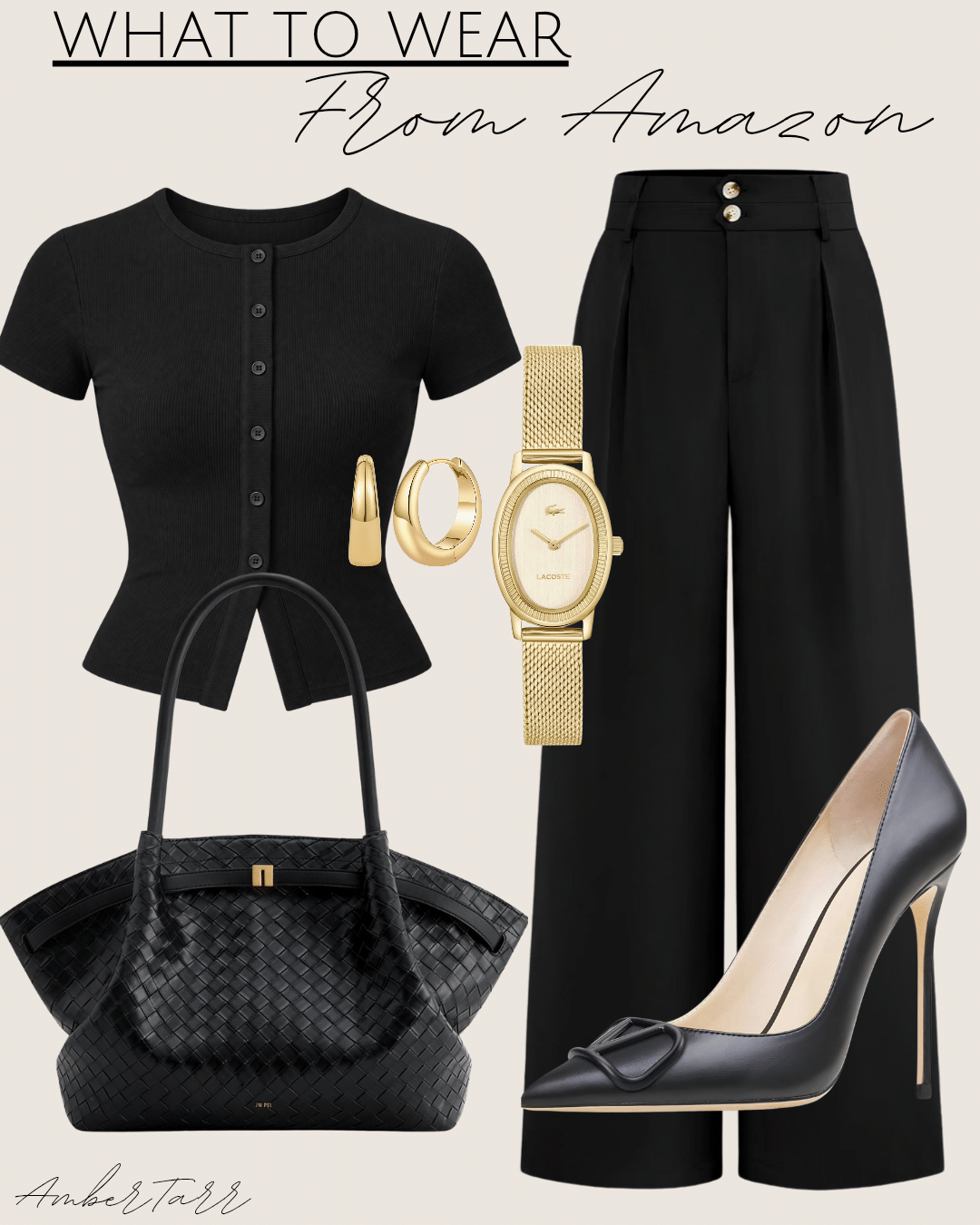 Fall work outfits from Amazon: black ribbed button-front tee, black pleated wide-leg trousers, black woven tote and black bow pumps