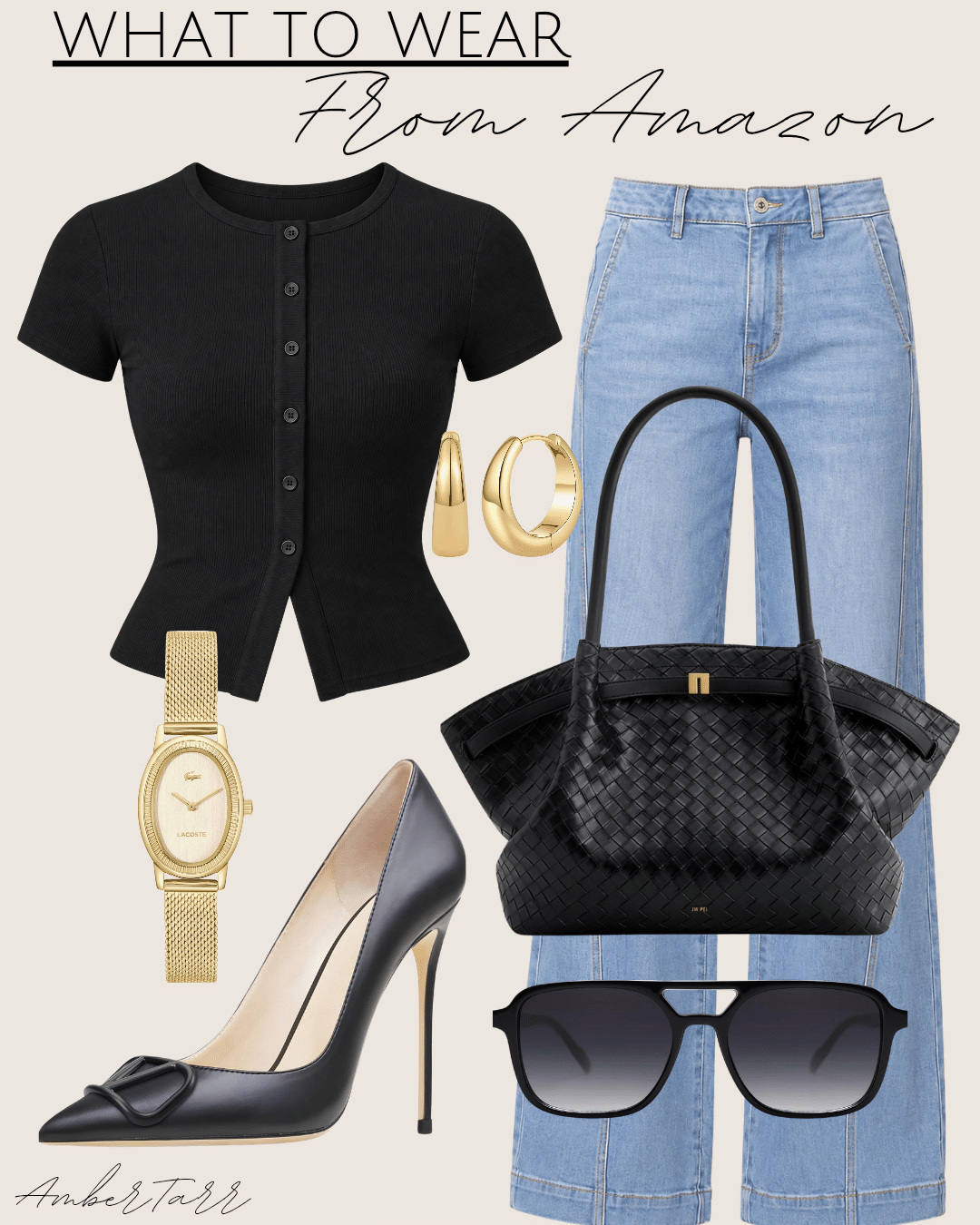 Casual fall work outfits from Amazon: black button tee, light-wash wide-leg jeans, black woven tote, black pumps and aviator sunglasses