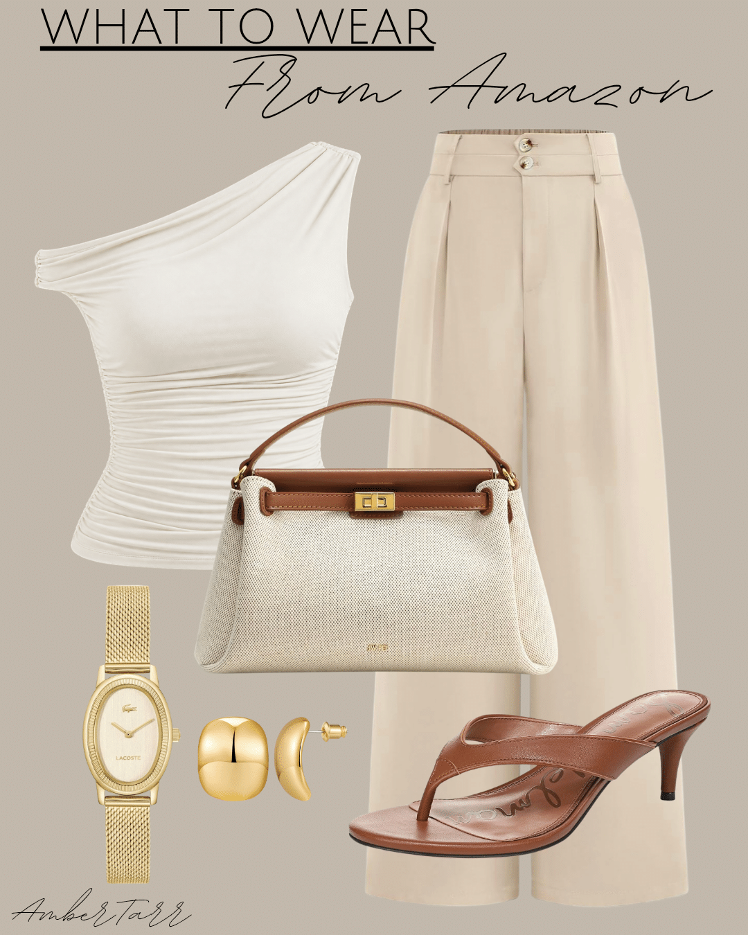 Elevated fall work outfit with an ivory one-shoulder top, cream wide-leg trousers, woven cream and brown bag and gold accessories