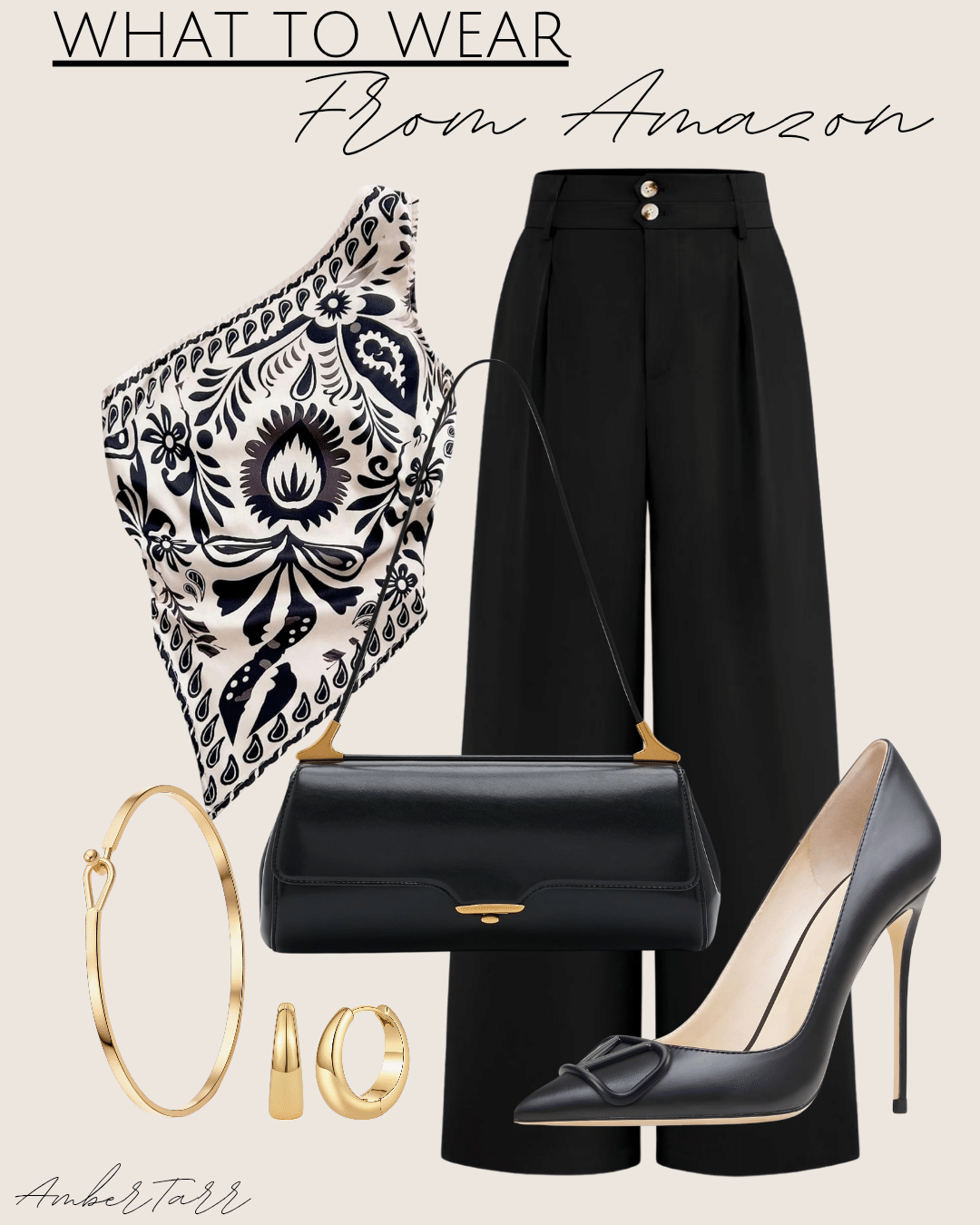 Fall work outfit with a cream and navy printed one-shoulder scarf top, black pleated trousers, black shoulder bag and black bow pumps