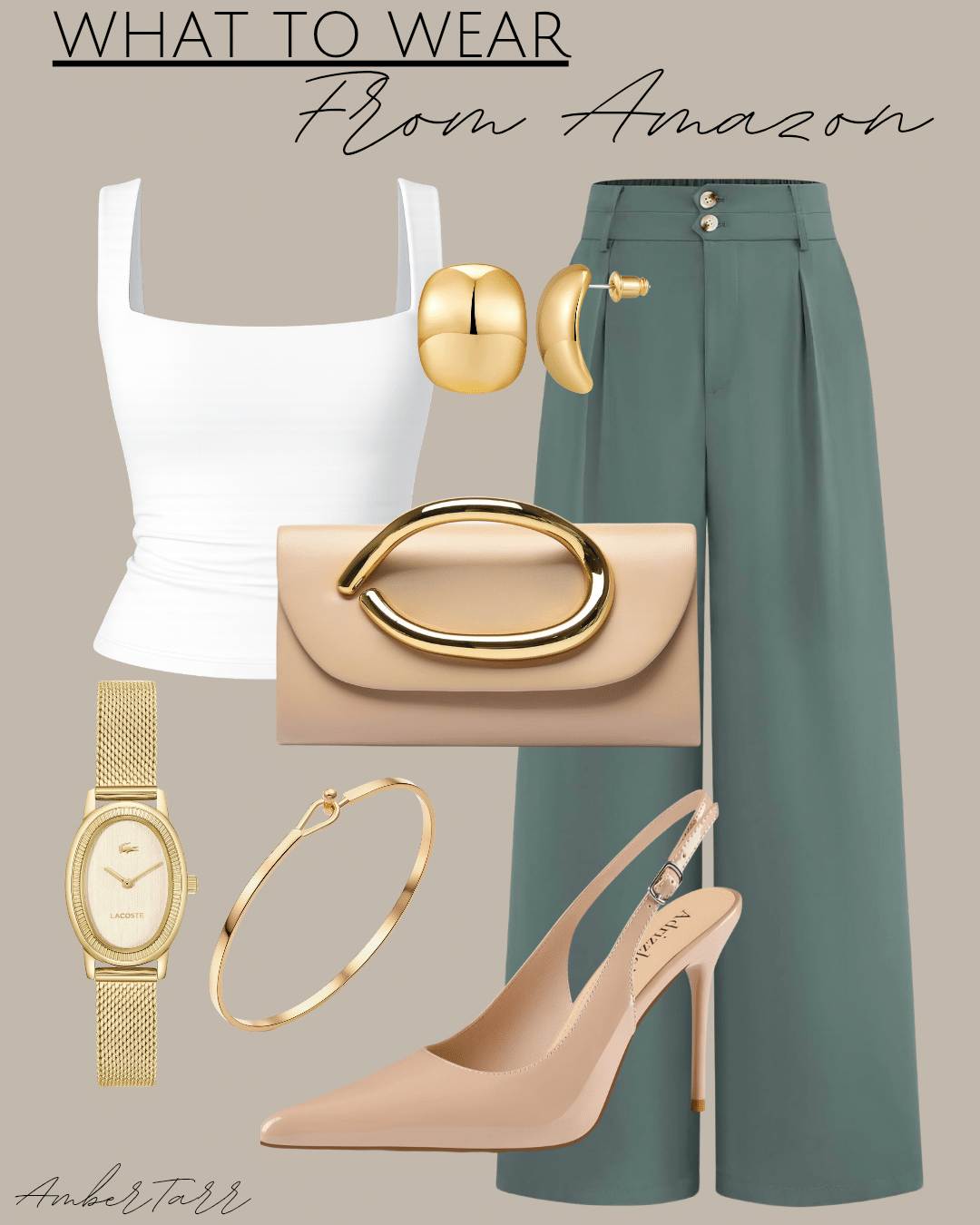 Transitional fall work outfits with a white square-neck tank, sage green pleated trousers, nude clutch and nude slingback pumps