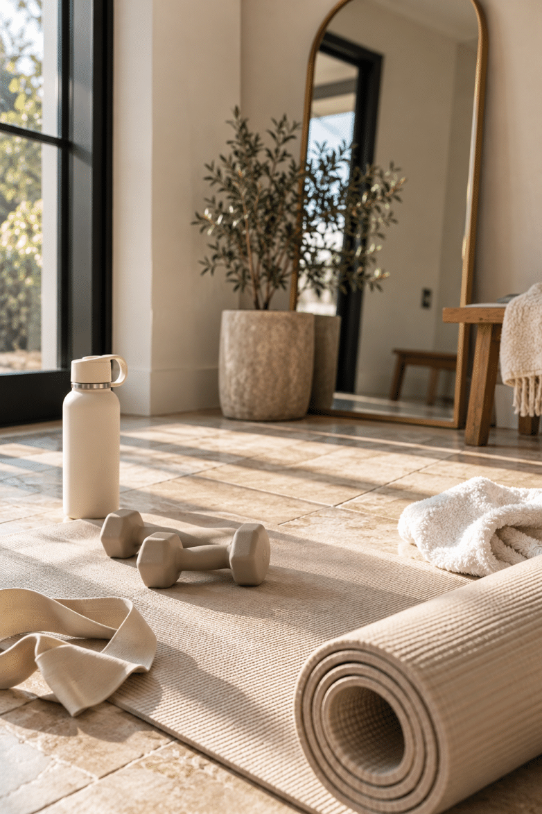 Beginner Pilates routine at home with mat, dumbbells and water bottle