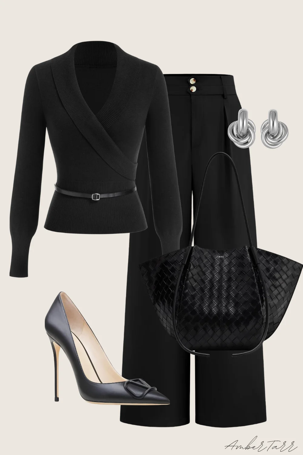 All black neutral fall outfit for work with a belted wrap sweater, black wide-leg trousers, woven black tote, pointed pumps and silver knot earrings