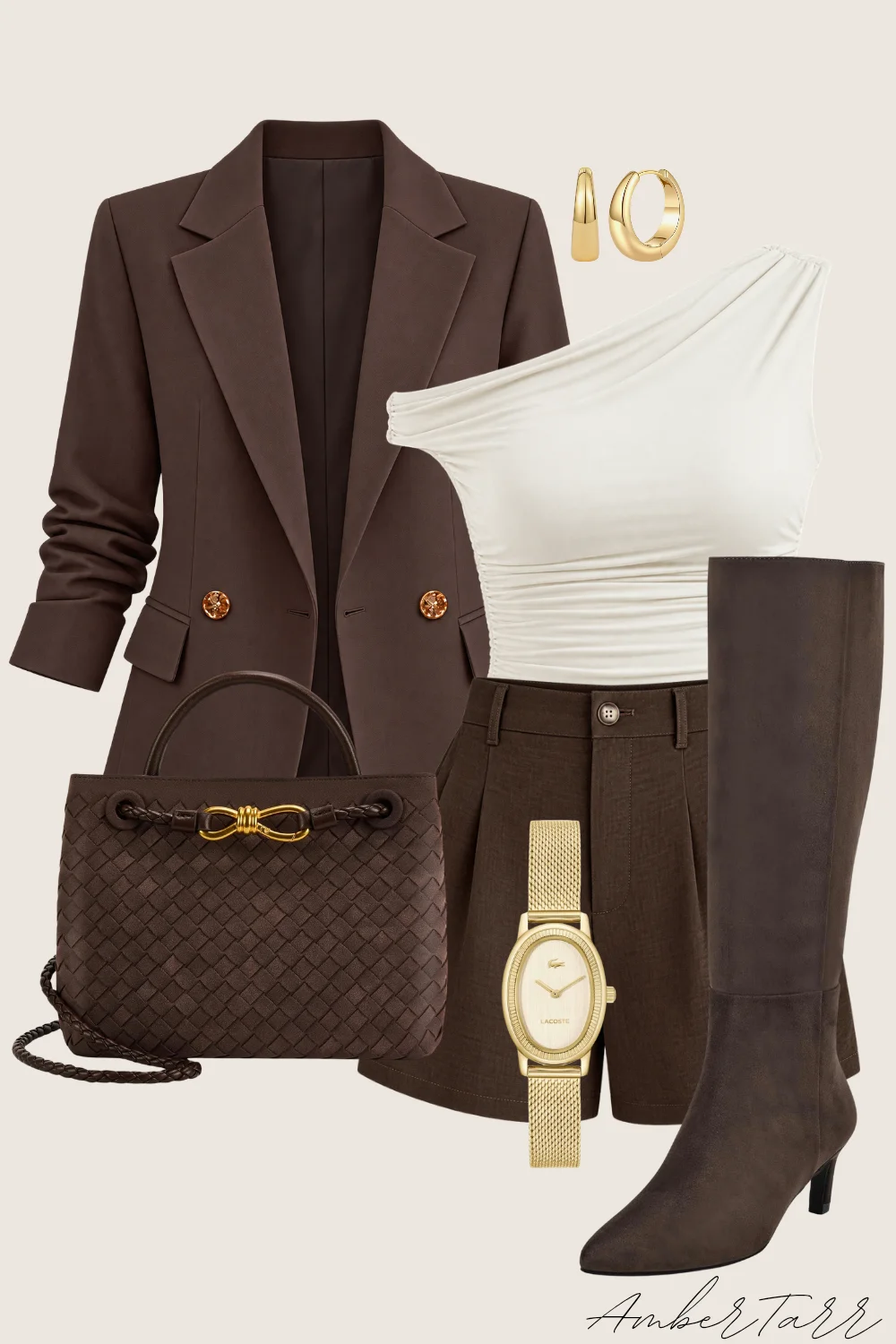 Brown neutral fall outfit with a chocolate blazer, ivory one-shoulder top, brown pleated shorts, woven brown bag and suede knee-high boots
