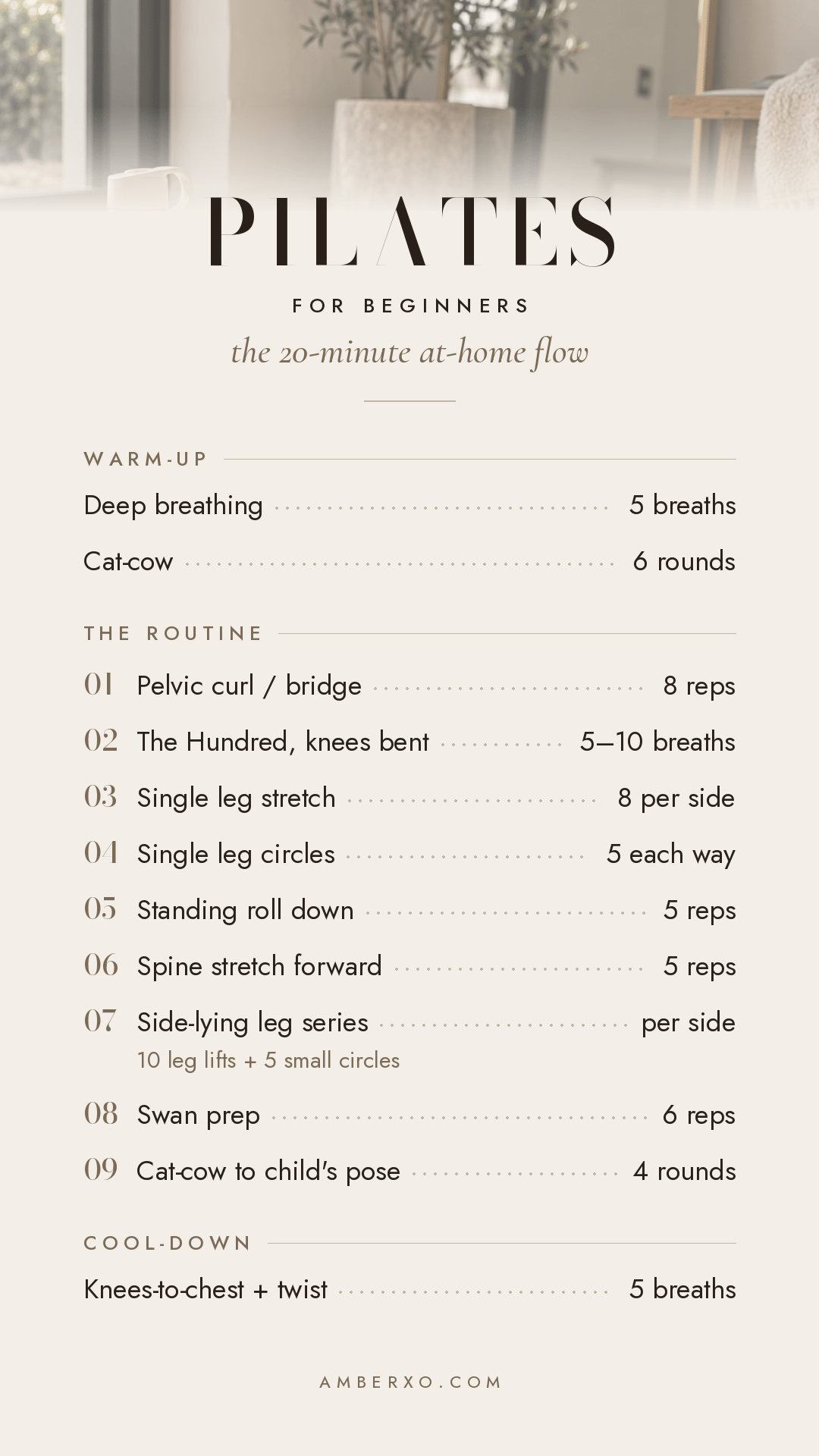 Beginner Pilates routine screenshot graphic: 20-minute at-home flow