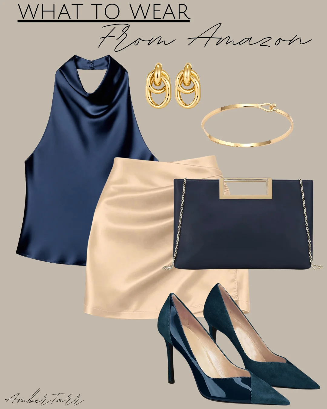 Satin skirt outfits from Amazon: navy satin cowl-neck halter top, champagne satin skirt, navy structured handbag and navy pointed pumps