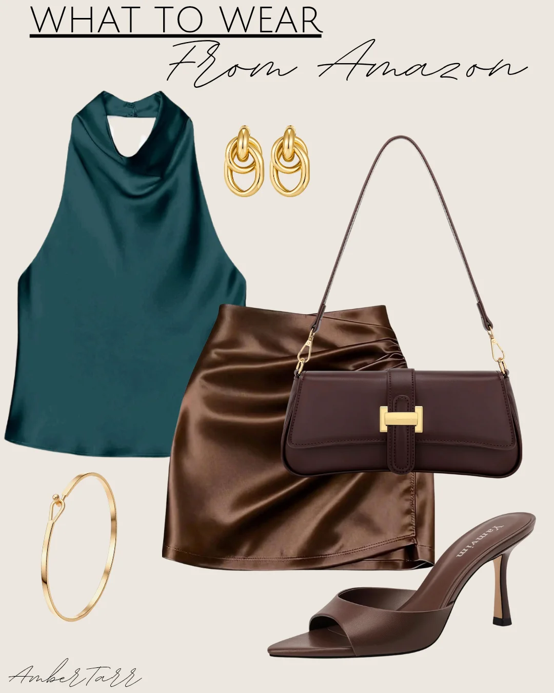 Fall satin skirt outfit with a teal satin cowl-neck halter, chocolate satin mini skirt, brown shoulder bag with gold hardware and brown heeled mules