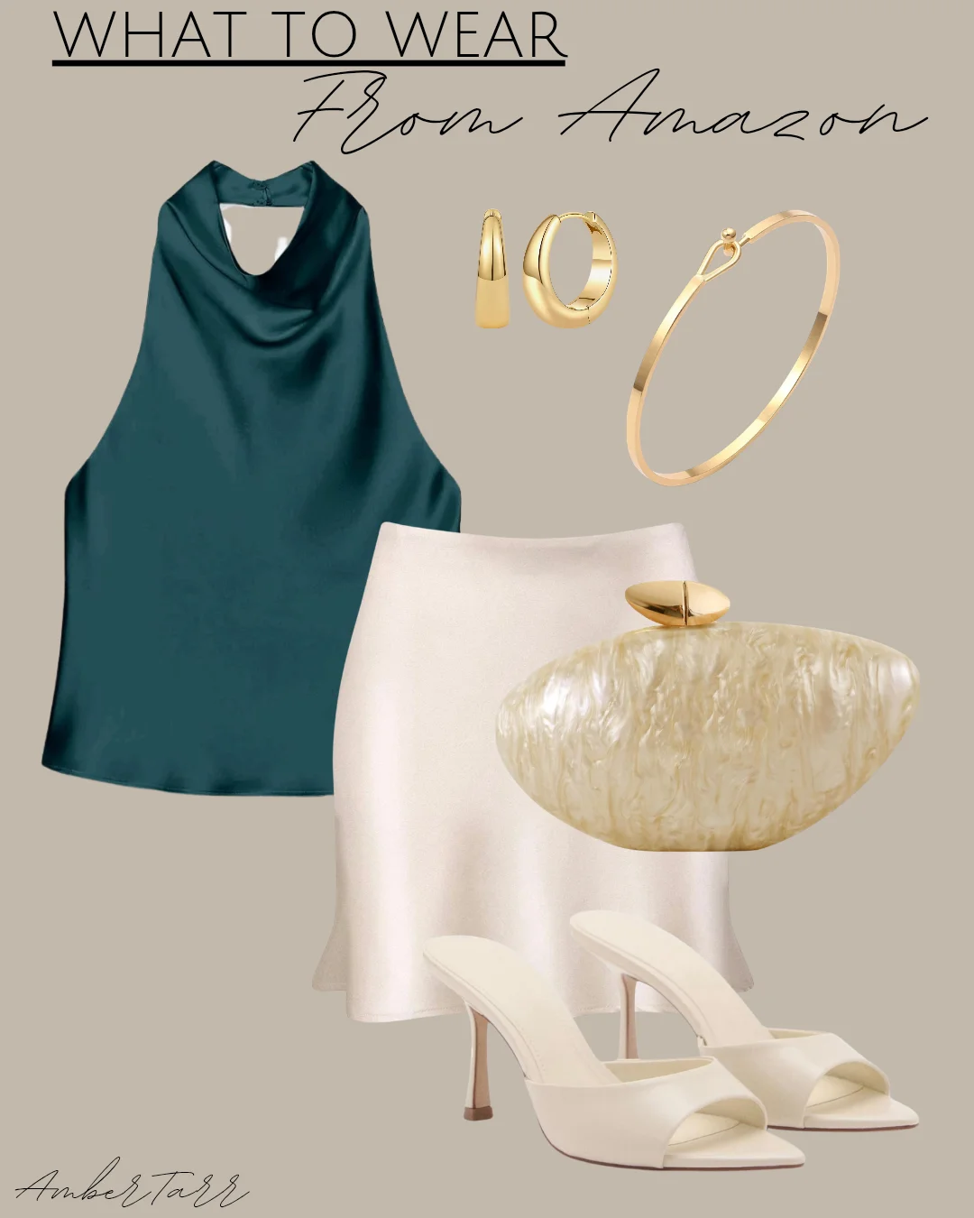 Teal satin cowl-neck halter top with an ivory satin mini skirt, pearly acrylic shoulder bag and ivory heeled mules from Amazon